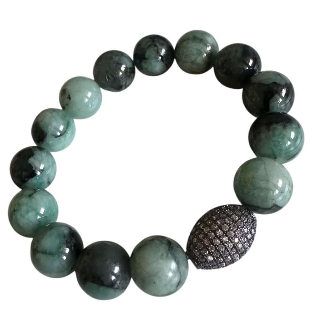 12mm Jadeite Jade Stretch Bracelet with Pave Gunmetal Spacer